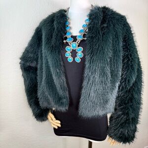 RACHEL ZOE Deep Blue Shag Faux Fur Polyester Cropped Jacket Coat Size Medium